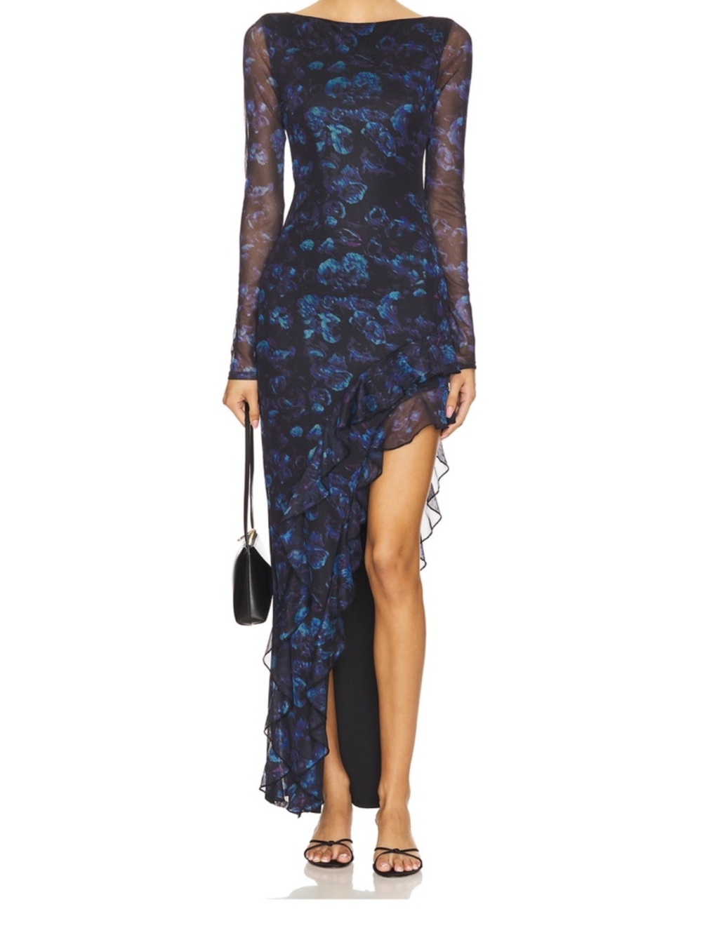 Asymmetric Navy Blue Floral Ruffle High-Low Dress - Picture 4 of 4